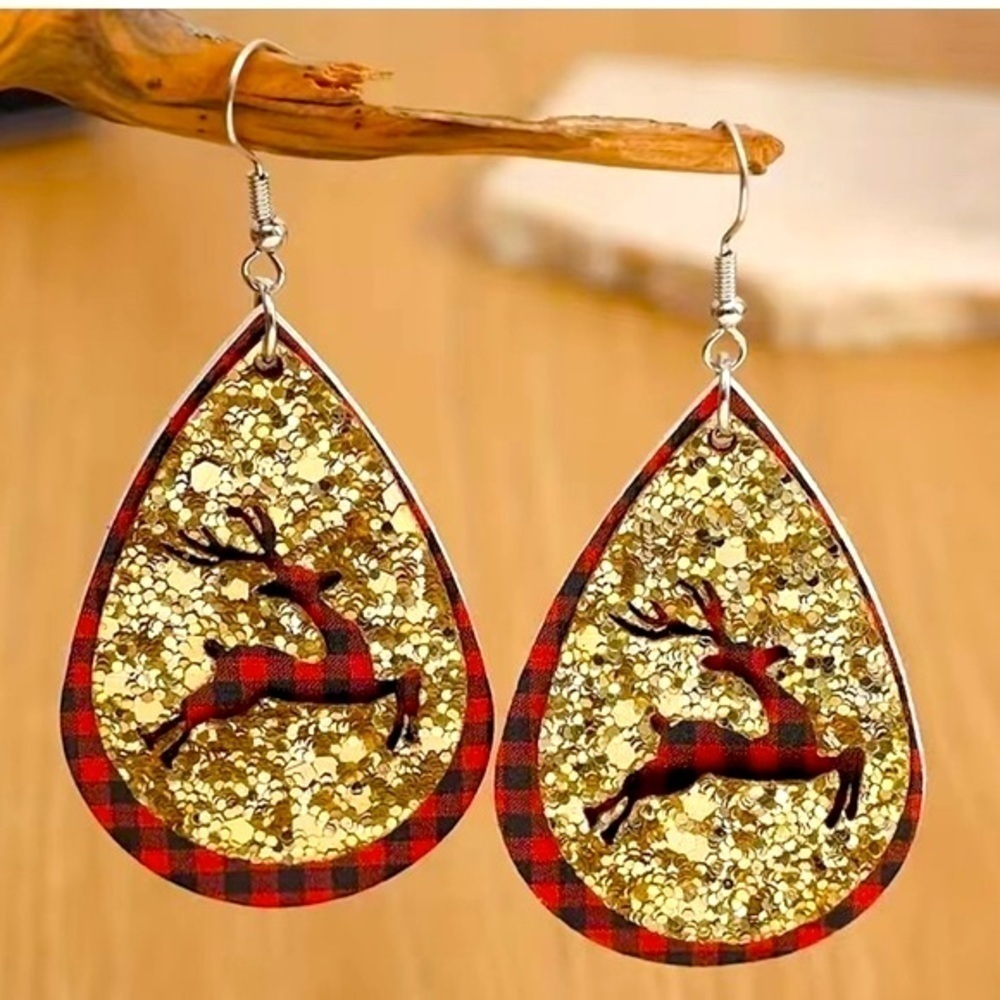 Christmas Plaid and Gold Sparkle Reindeer Dangle Pierced Earrings